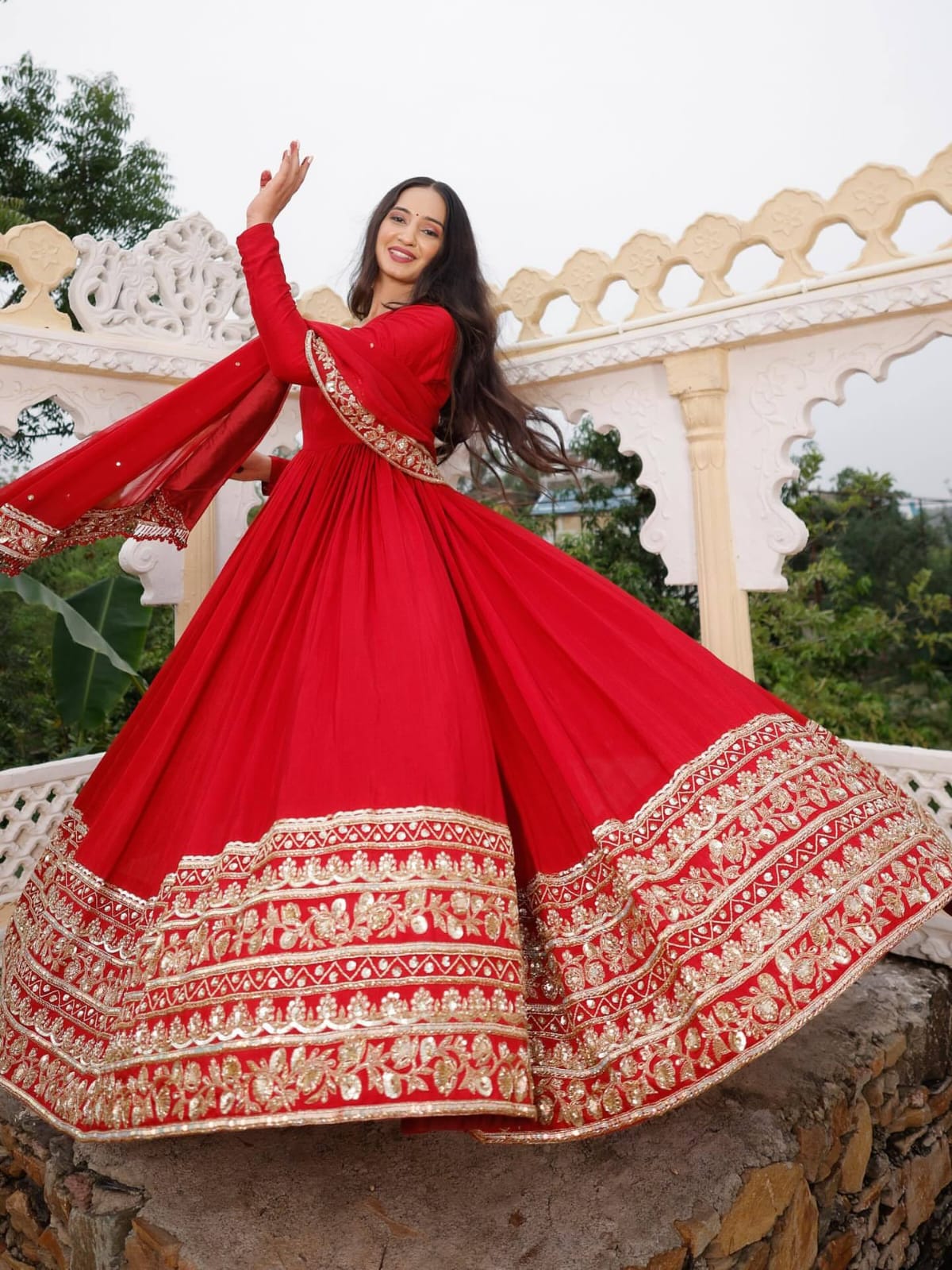 Red Fox Georgette Fabric Heavy Embroidery Coding Sequence Work Gown