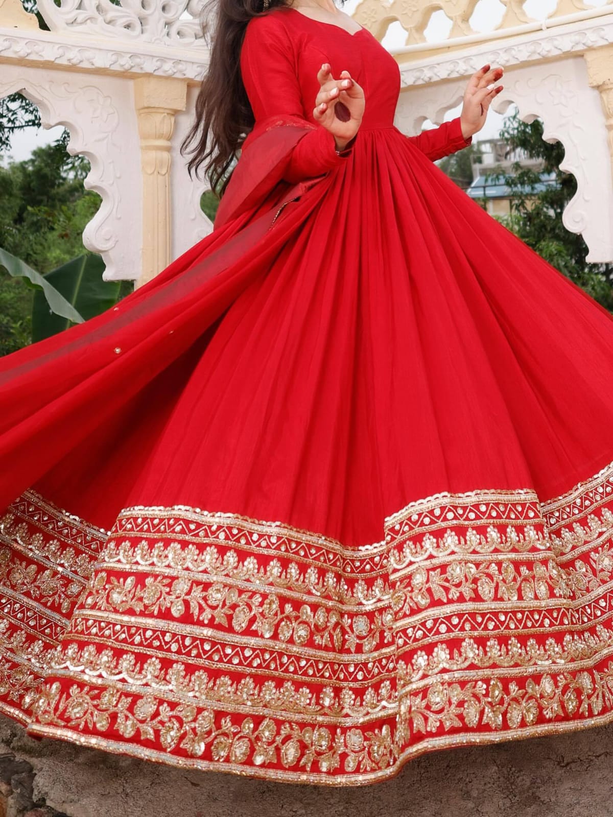 Red Fox Georgette Fabric Heavy Embroidery Coding Sequence Work Gown