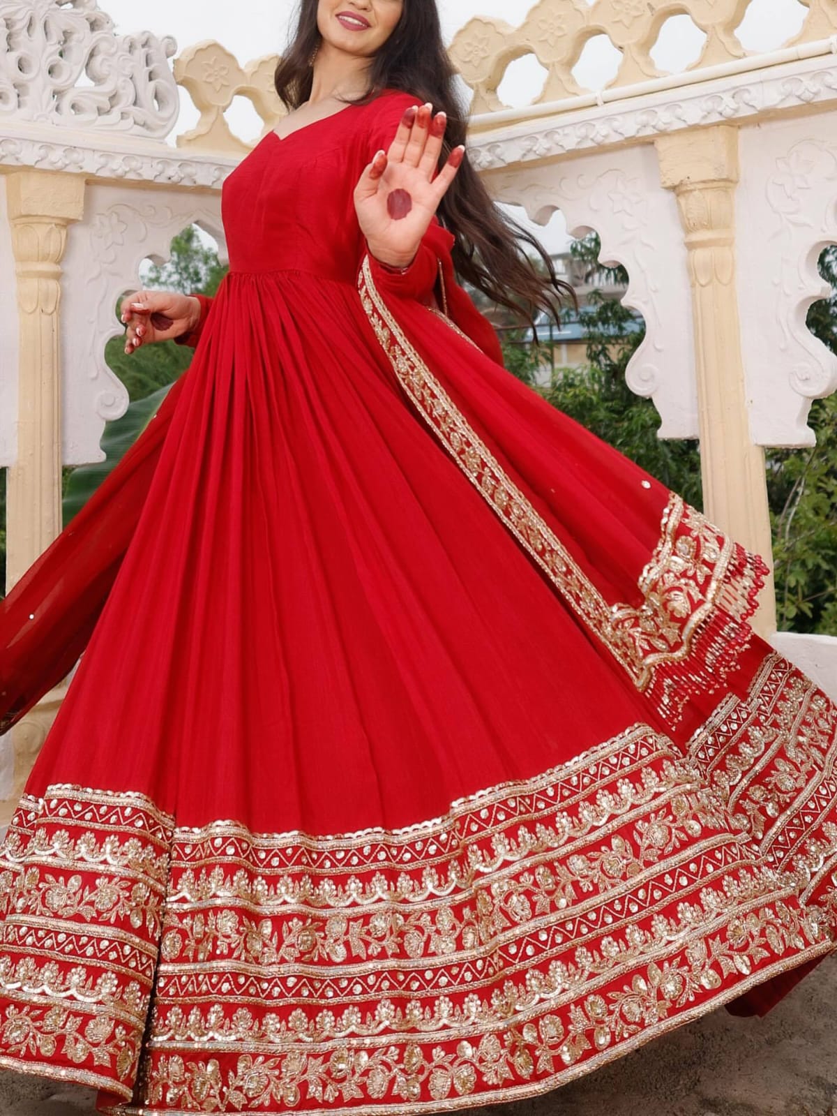 Red Fox Georgette Fabric Heavy Embroidery Coding Sequence Work Gown