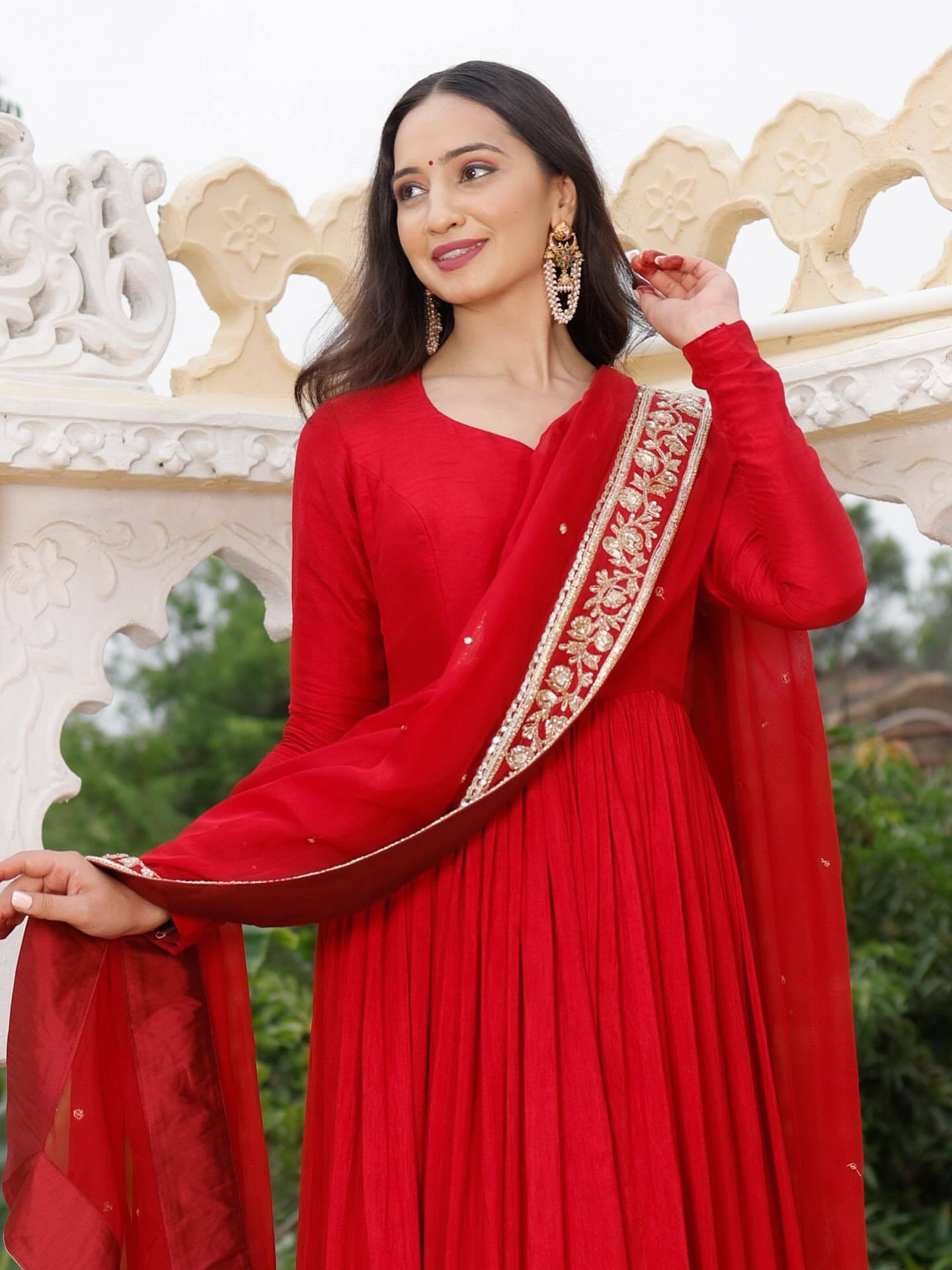 Red Fox Georgette Fabric Heavy Embroidery Coding Sequence Work Gown