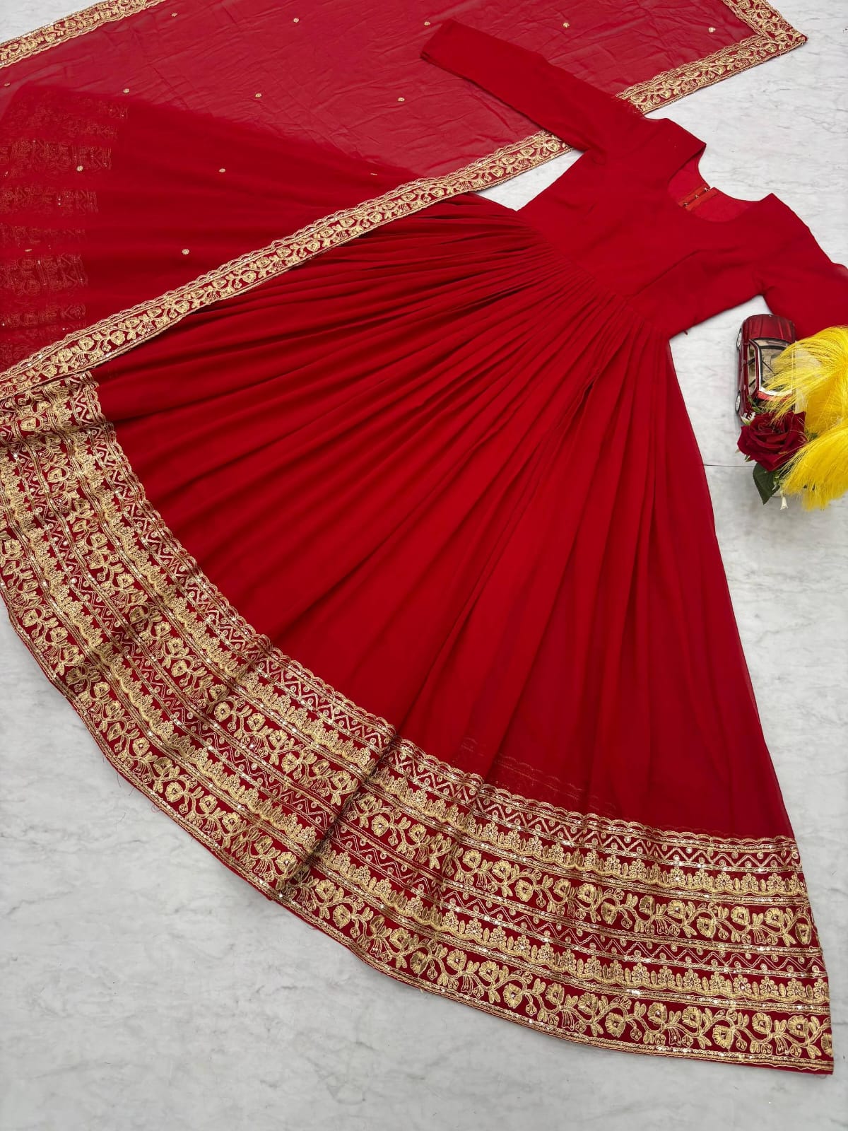 Red Fox Georgette Fabric Heavy Embroidery Coding Sequence Work Gown