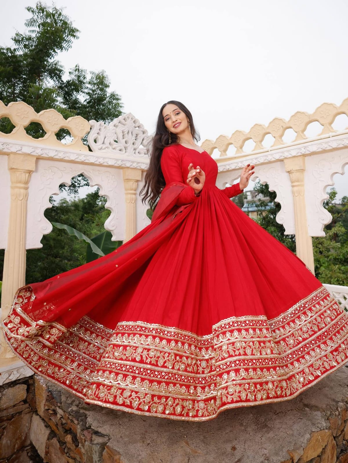 Red Fox Georgette Fabric Heavy Embroidery Coding Sequence Work Gown