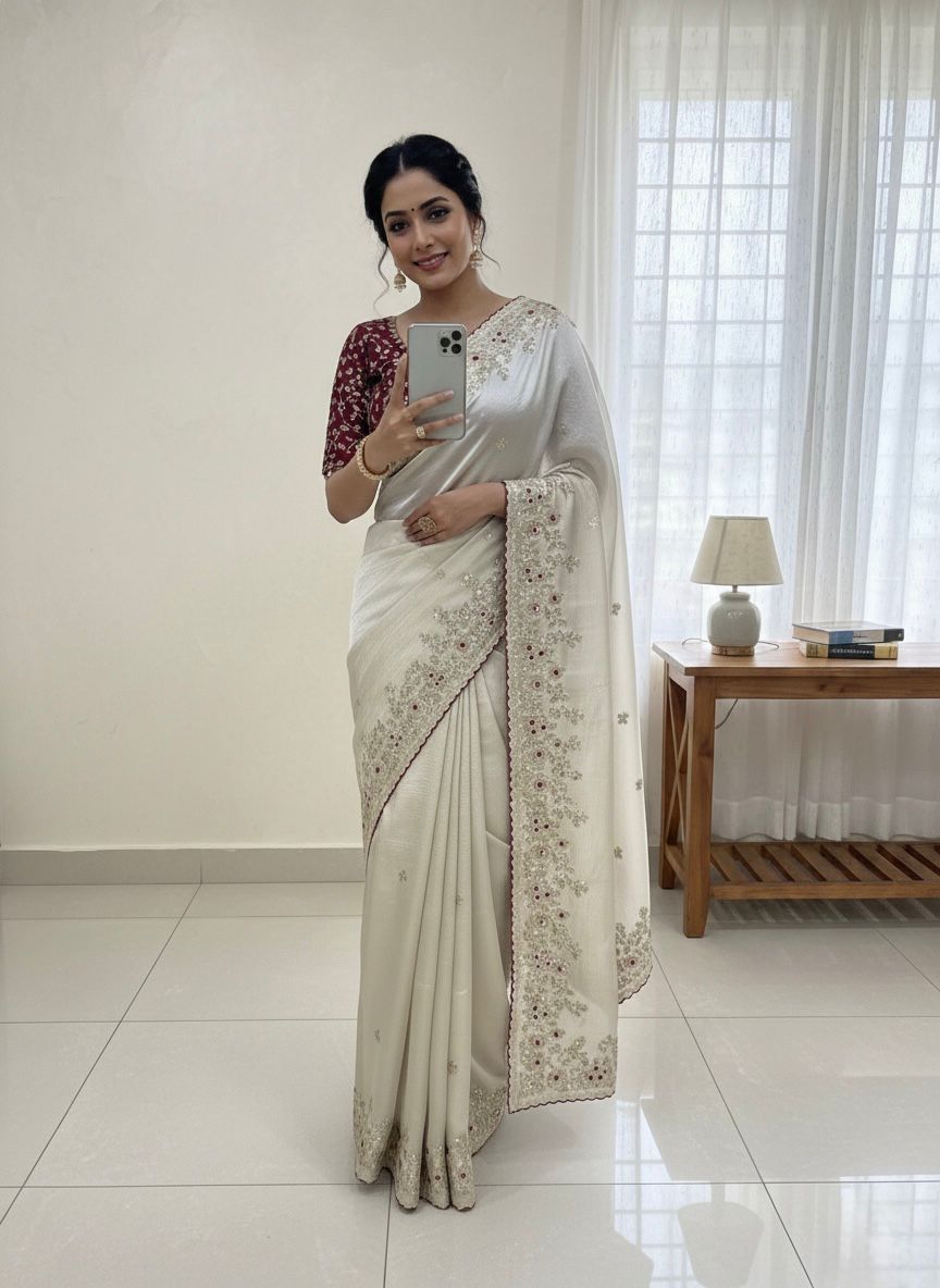 White soft jimmy choo silk saree with beautiful sequence embroidery work