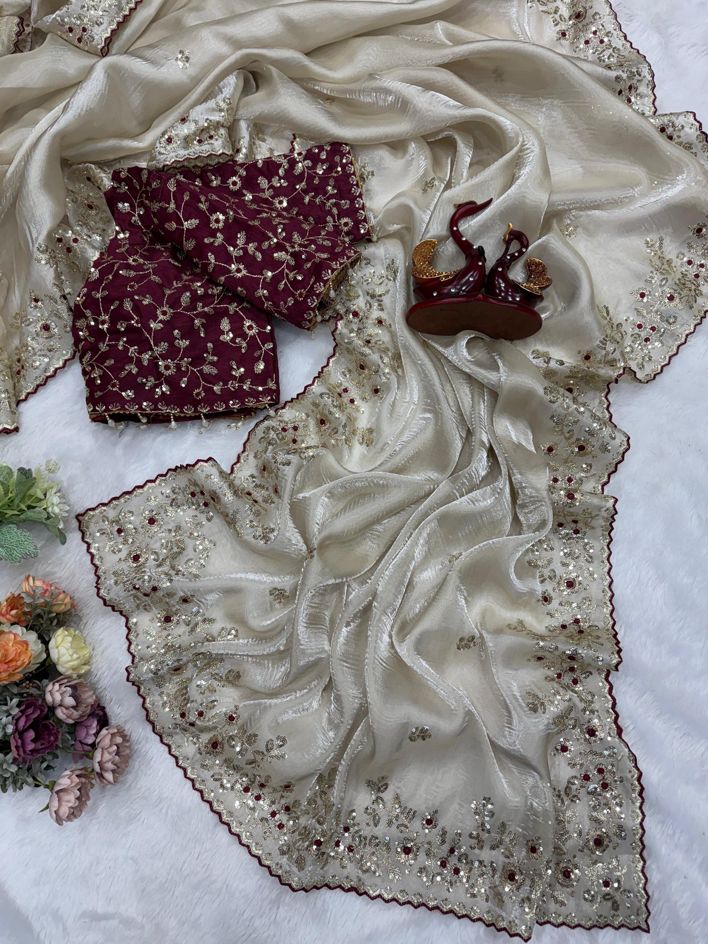 White soft jimmy choo silk saree with beautiful sequence embroidery work