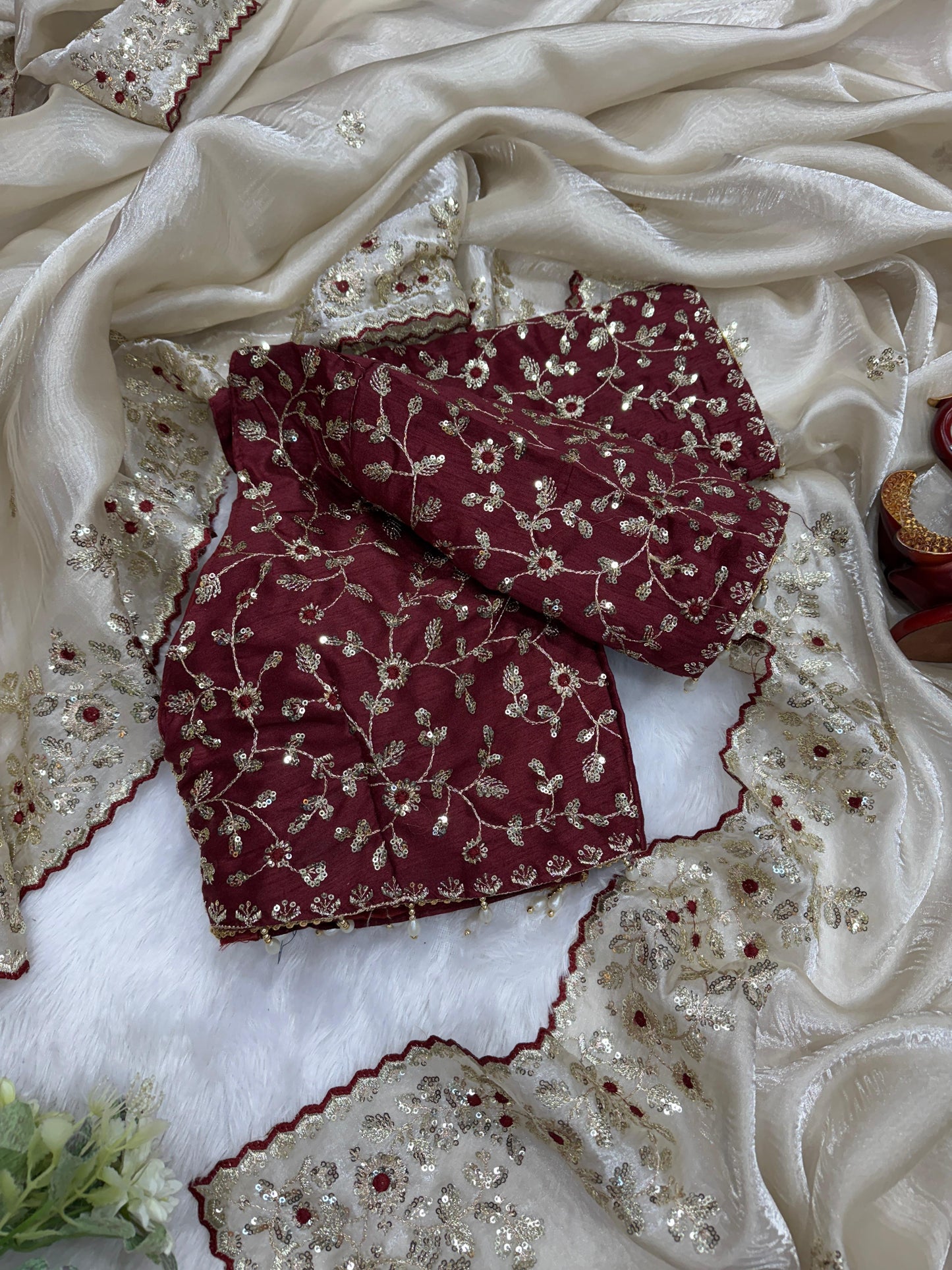 White soft jimmy choo silk saree with beautiful sequence embroidery work