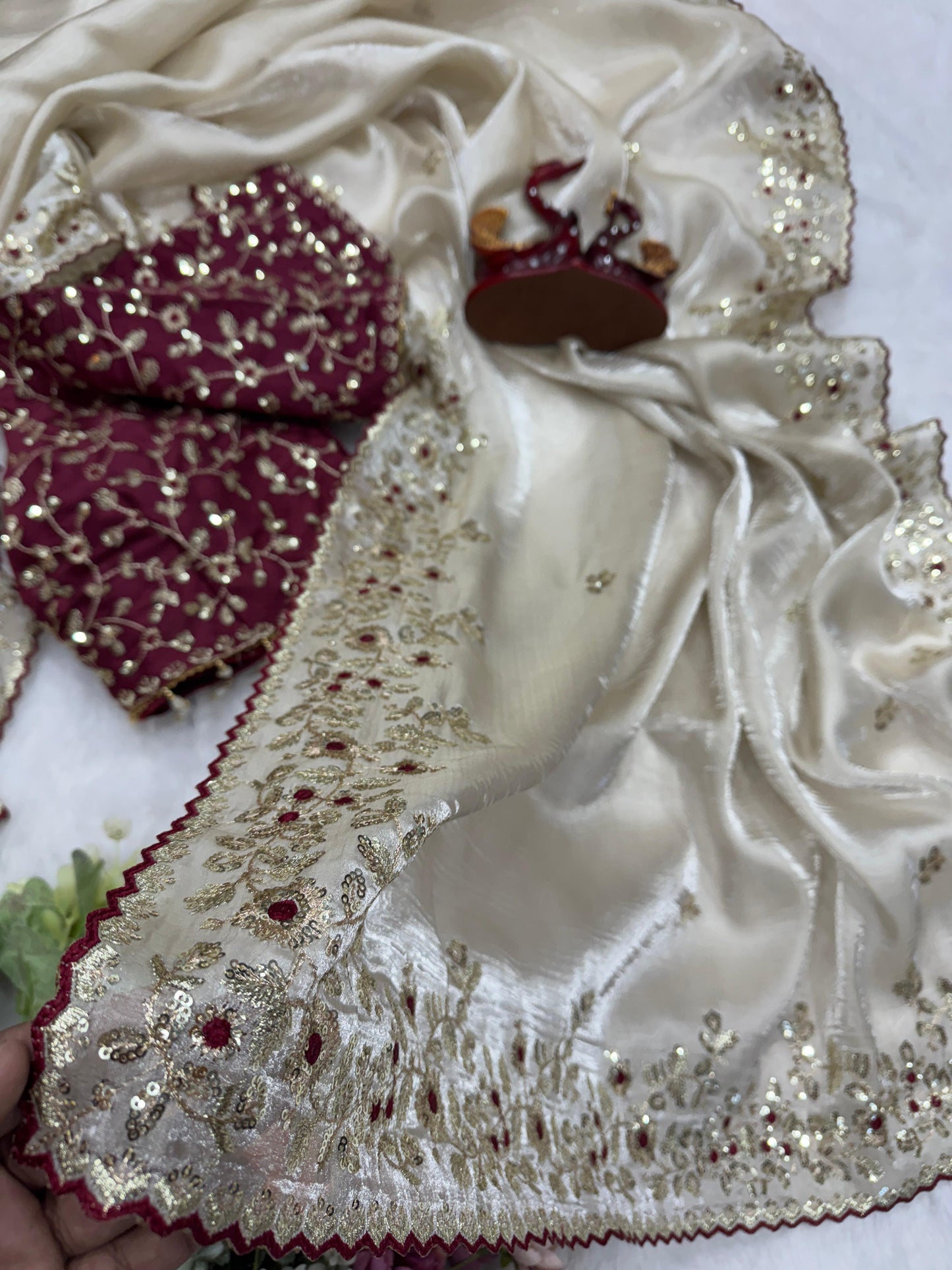 White soft jimmy choo silk saree with beautiful sequence embroidery work