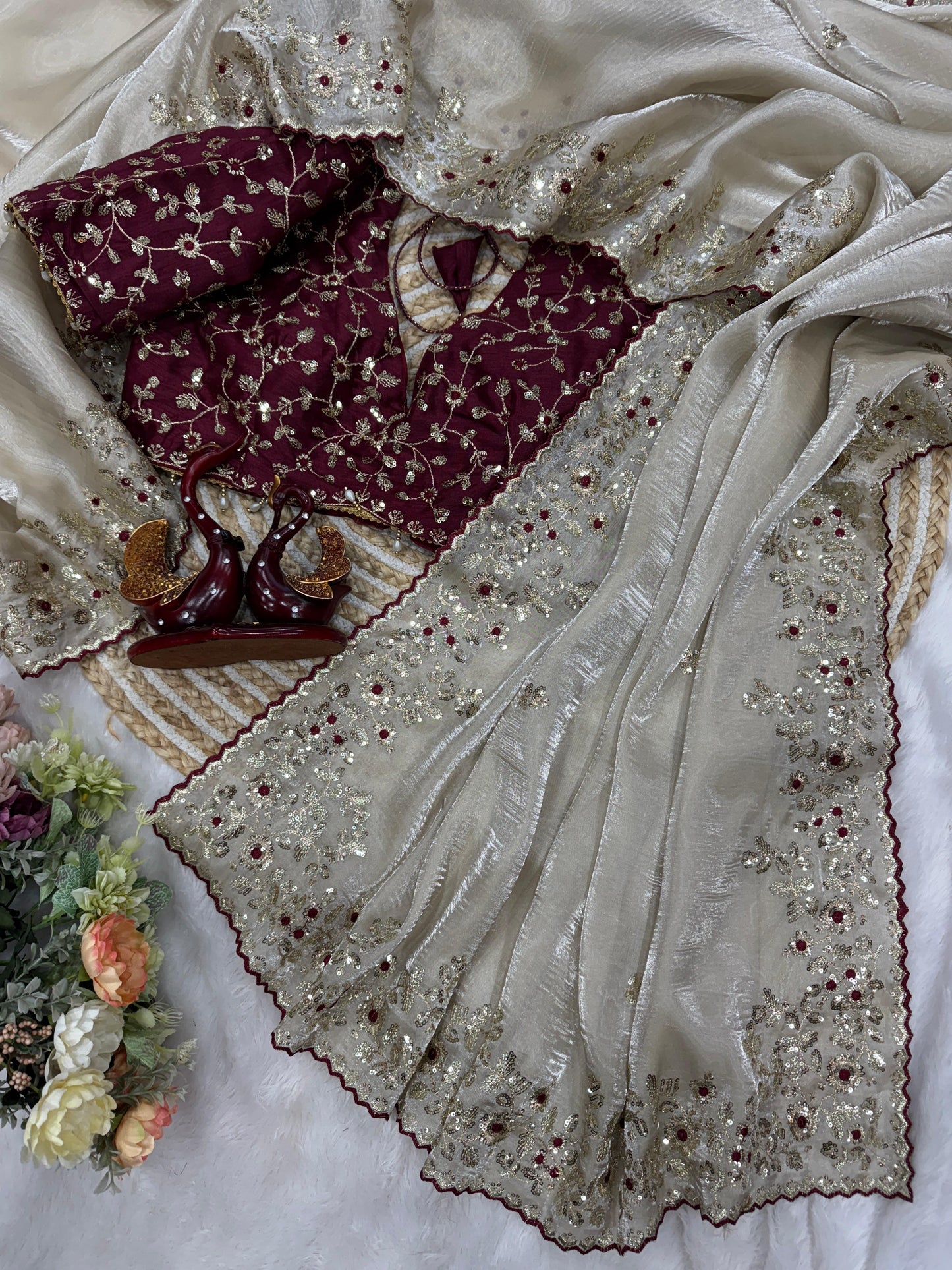 White soft jimmy choo silk saree with beautiful sequence embroidery work