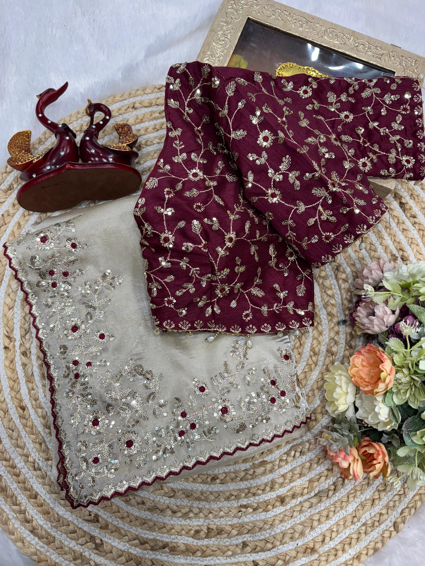 White soft jimmy choo silk saree with beautiful sequence embroidery work