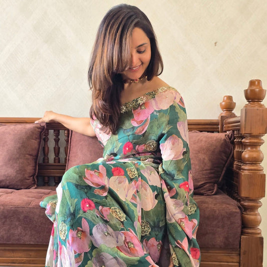 Floral Print Tabby Silk Saree With Katdana Work & Satin Blouse