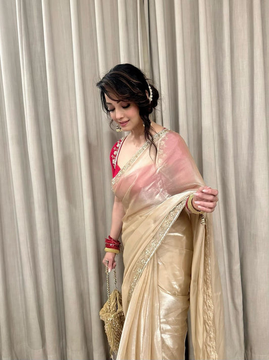 Soft Jimmy Choo Embroidered Sequin  with  katdana  Handwork  & Moti Border Saree