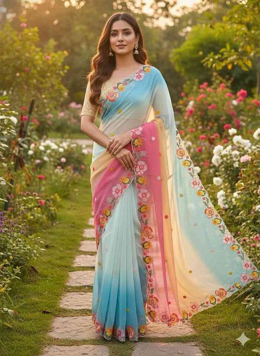 Designer Georgette Saree with 3MM Rainbow Sequins Embroidery
