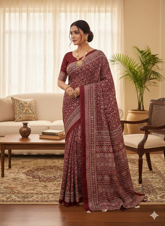 Soft Crepe Silk Saree with Beautiful Ajrakh Print,Real Mirror Work & Zari work