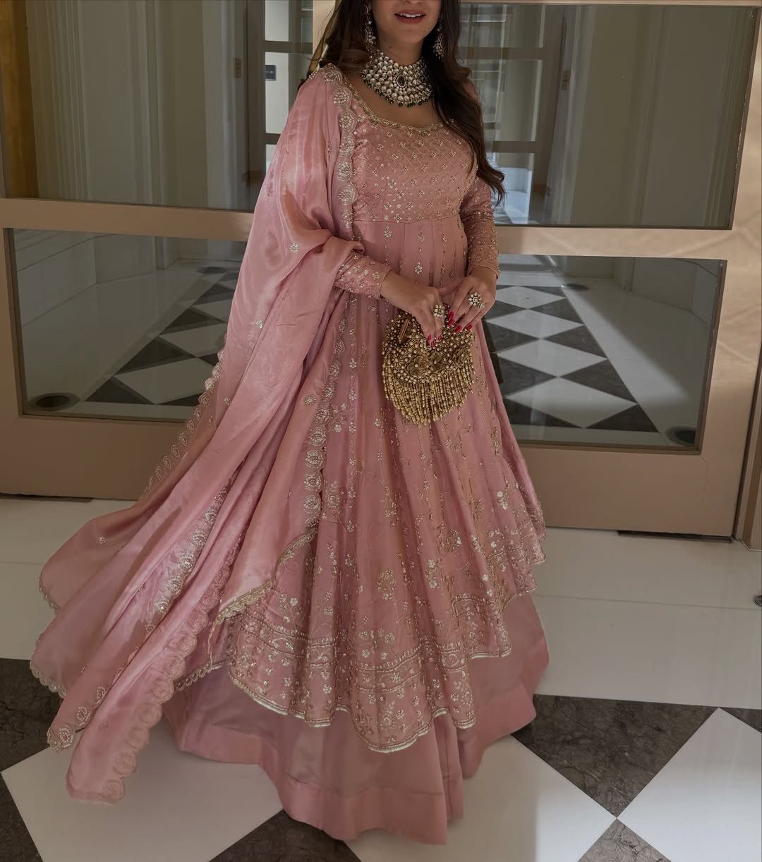 Heavy Chinon Silk Gown Lehenga Set with Embroidered Dupatta