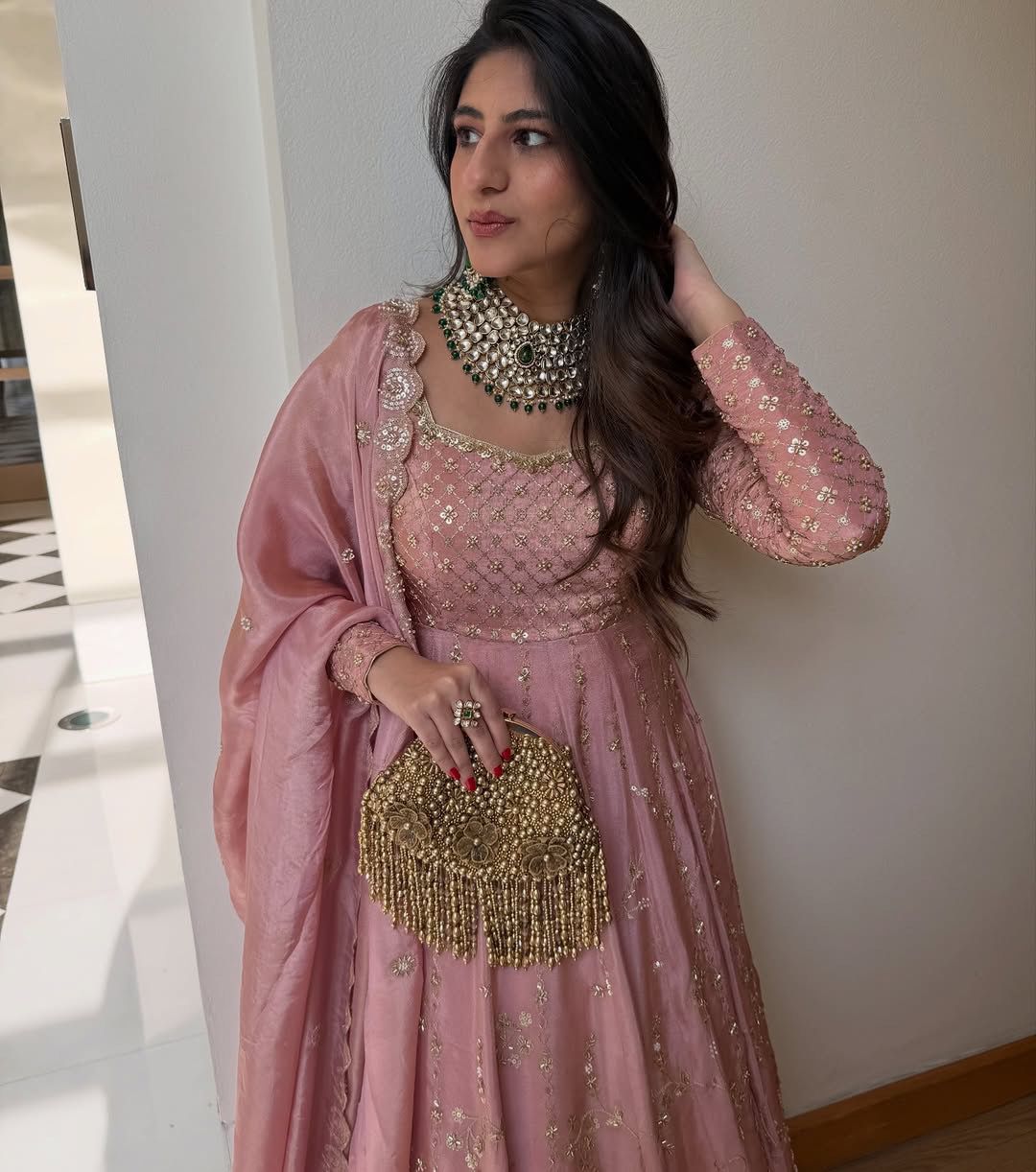 Heavy Chinon Silk Gown Lehenga Set with Embroidered Dupatta