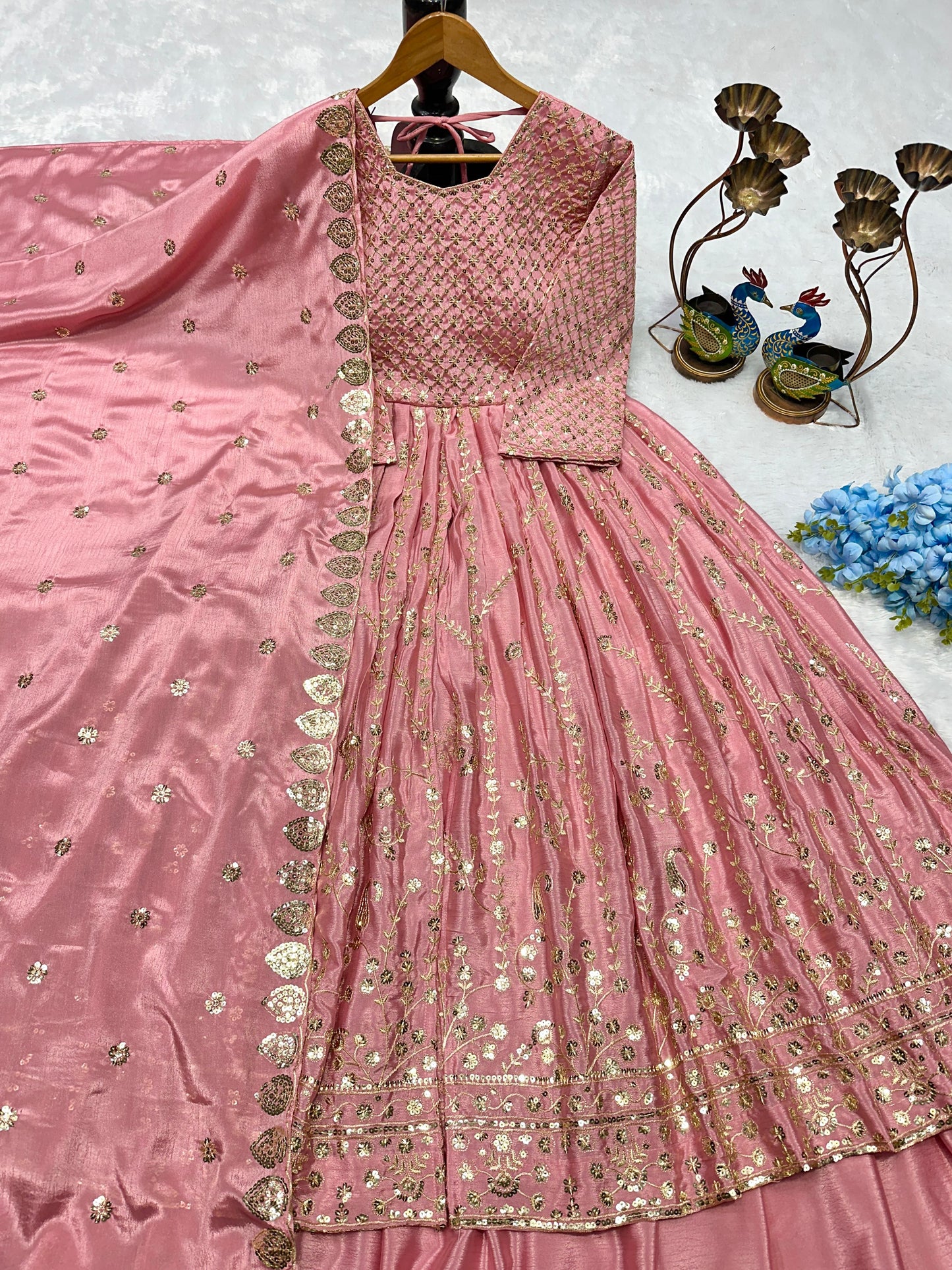 Heavy Chinon Silk Gown Lehenga Set with Embroidered Dupatta