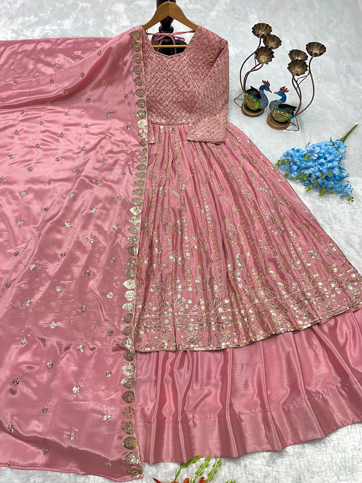 Heavy Chinon Silk Gown Lehenga Set with Embroidered Dupatta