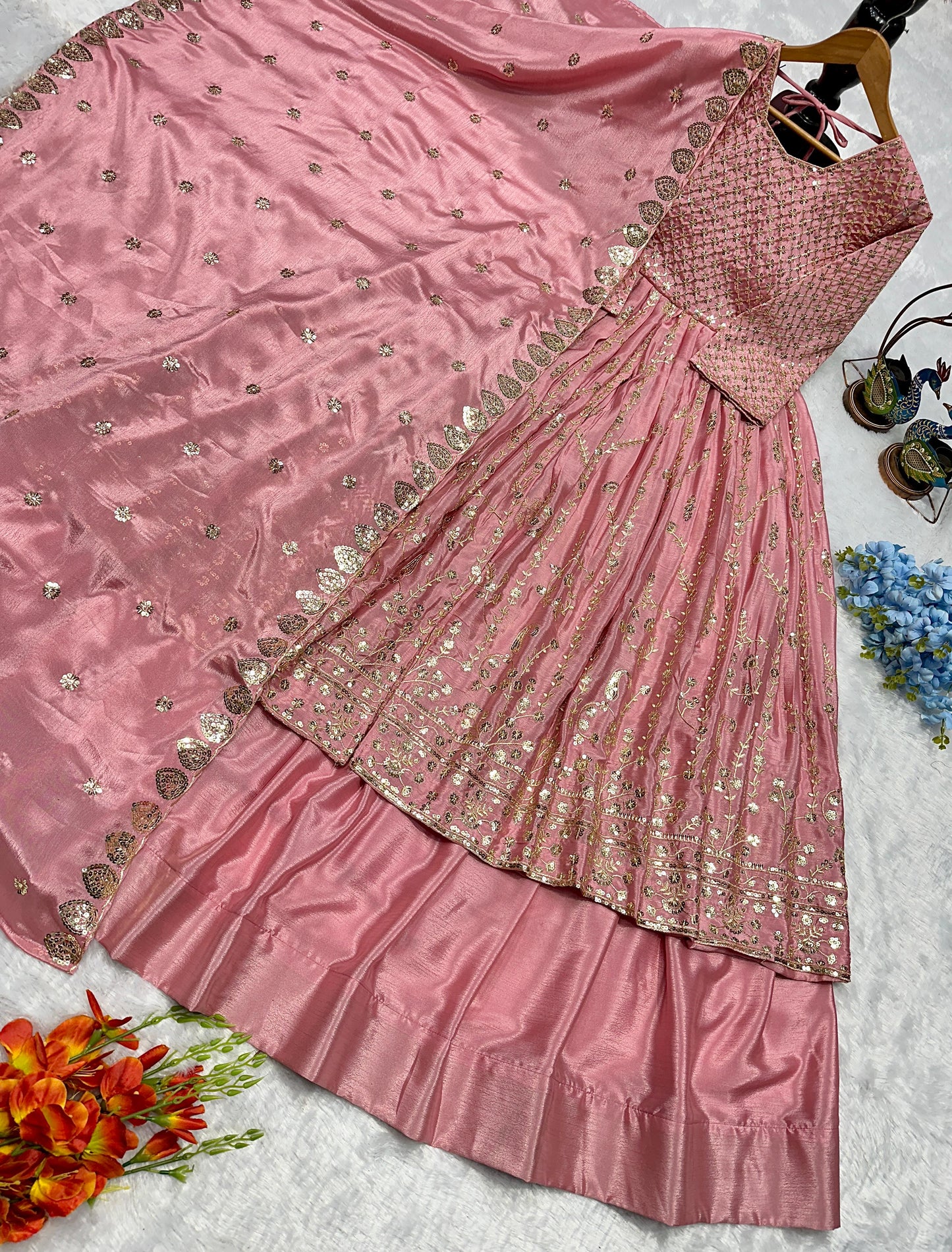 Heavy Chinon Silk Gown Lehenga Set with Embroidered Dupatta