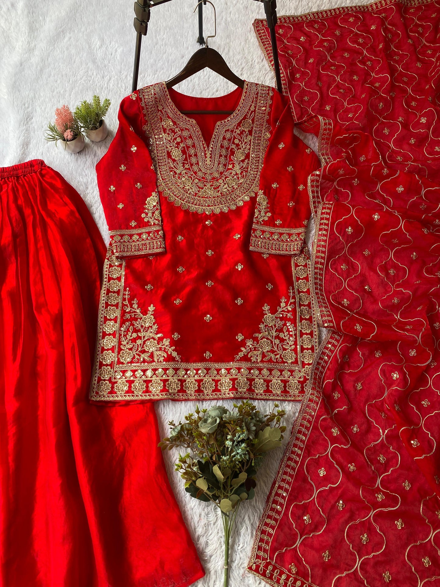 Fendi Silk Coding Sequins Embroidered Kurta Pant Dupatta Set