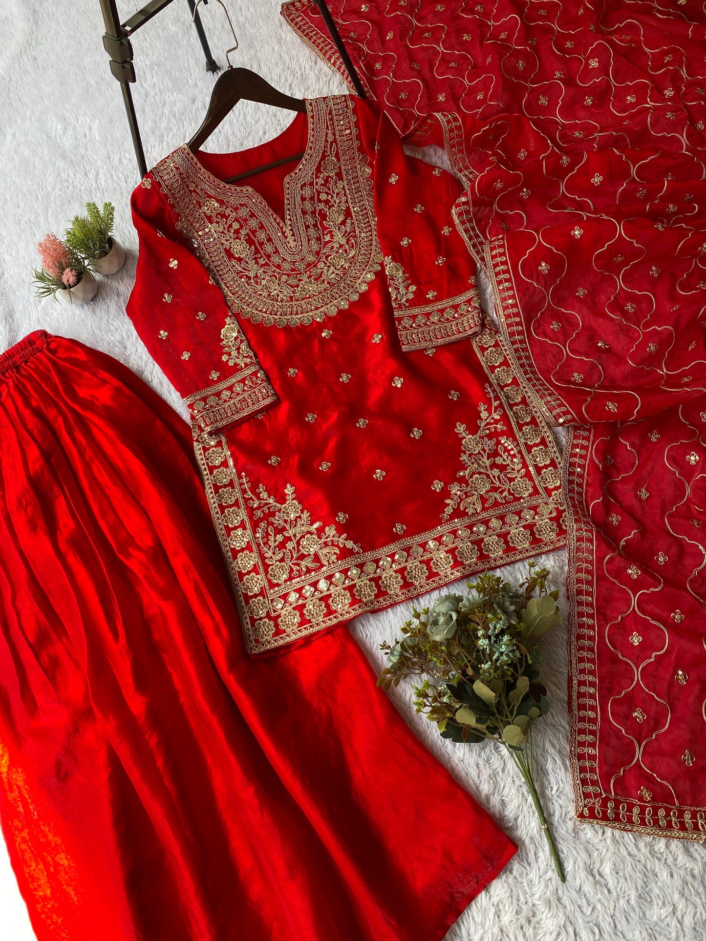 Fendi Silk Coding Sequins Embroidered Kurta Pant Dupatta Set