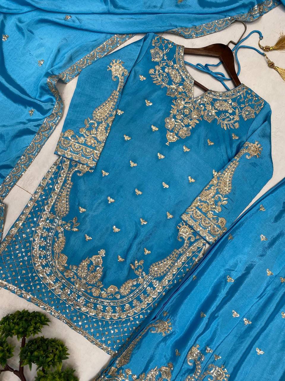 DESIGNER WEAR PLAZZO SUIT IN 3 PIECE WITH SEQUENCE EMBROIDERY WORK