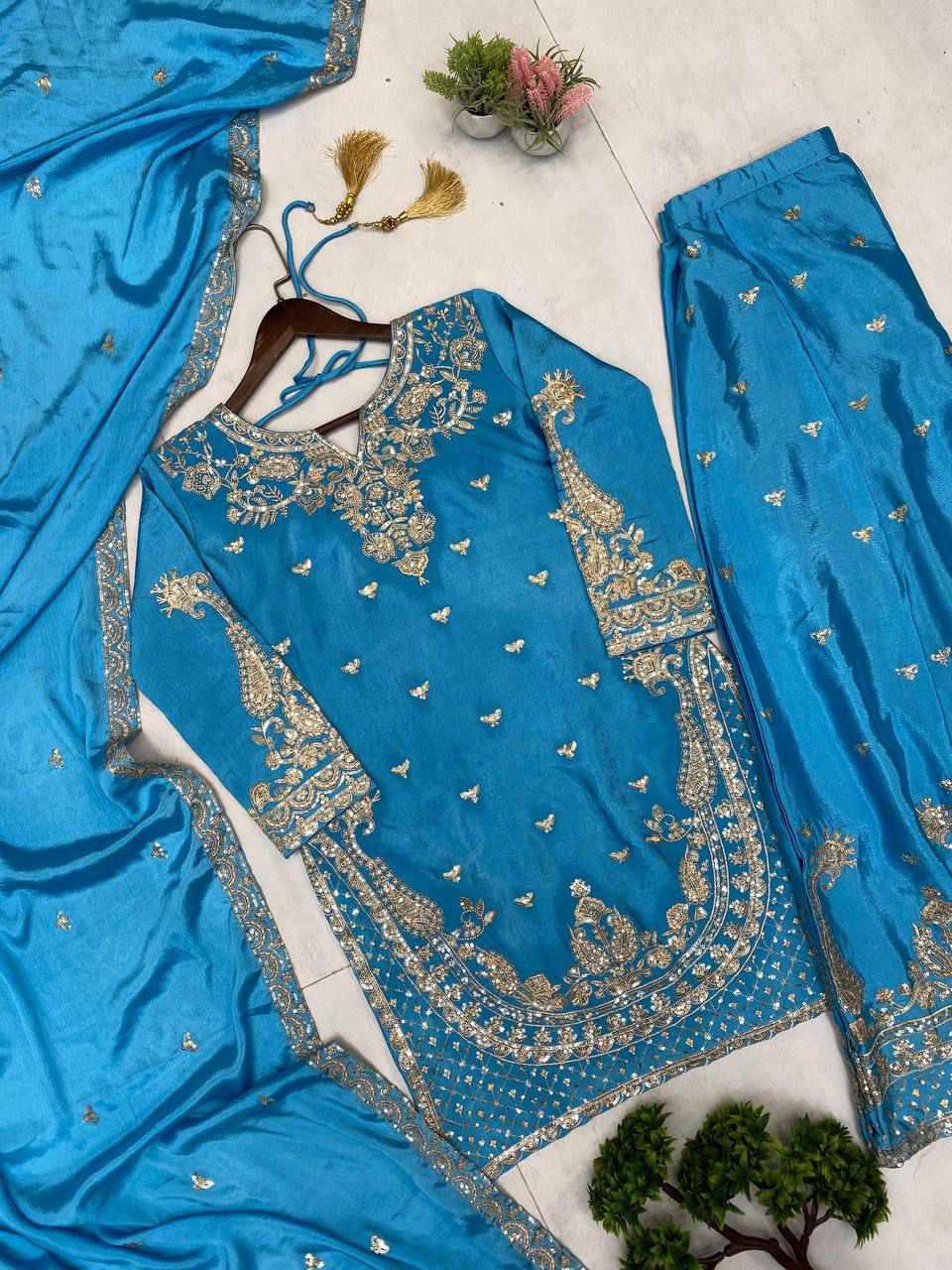 DESIGNER WEAR PLAZZO SUIT IN 3 PIECE WITH SEQUENCE EMBROIDERY WORK