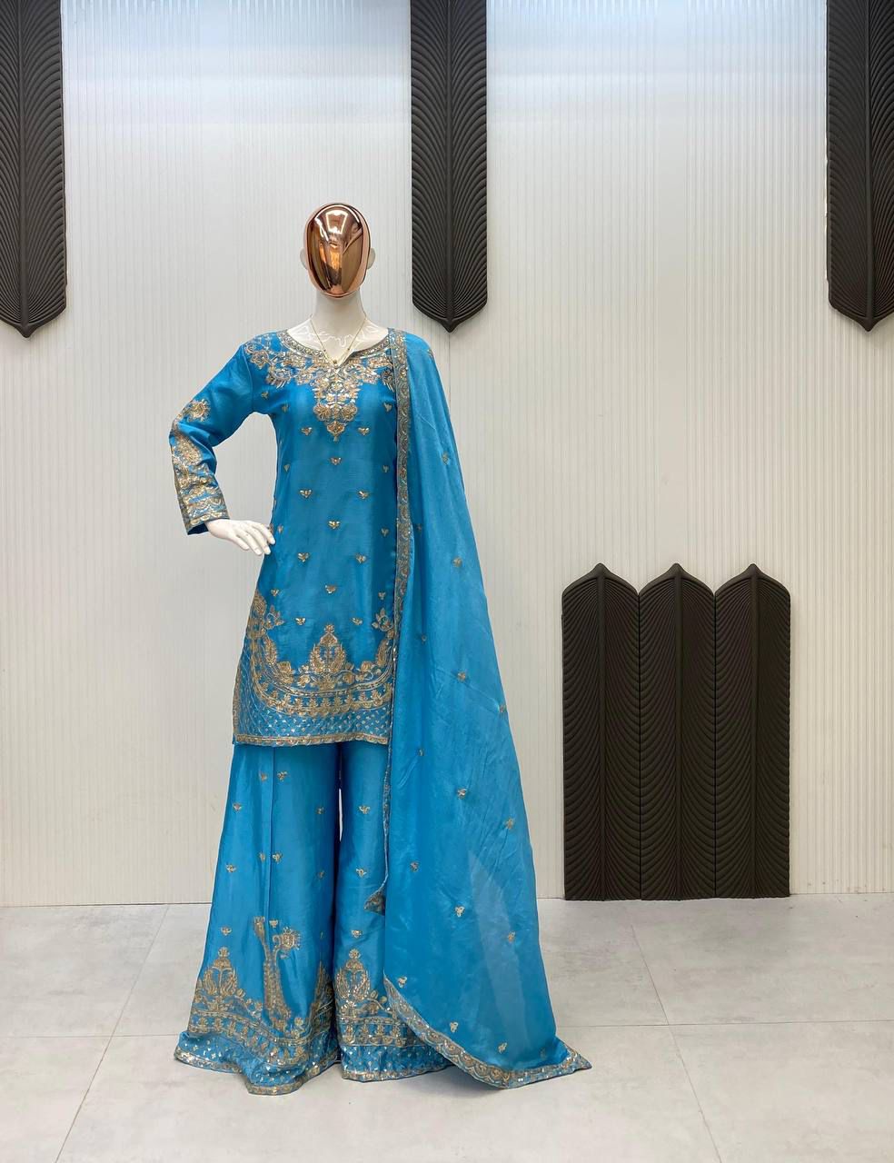 DESIGNER WEAR PLAZZO SUIT IN 3 PIECE WITH SEQUENCE EMBROIDERY WORK