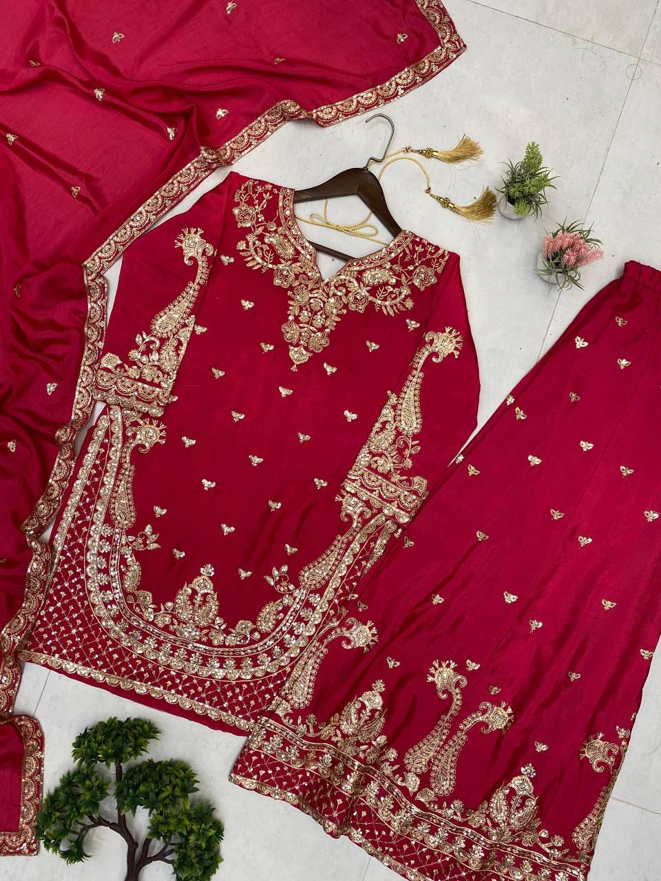 DESIGNER WEAR PLAZZO SUIT IN 3 PIECE WITH SEQUENCE EMBROIDERY WORK