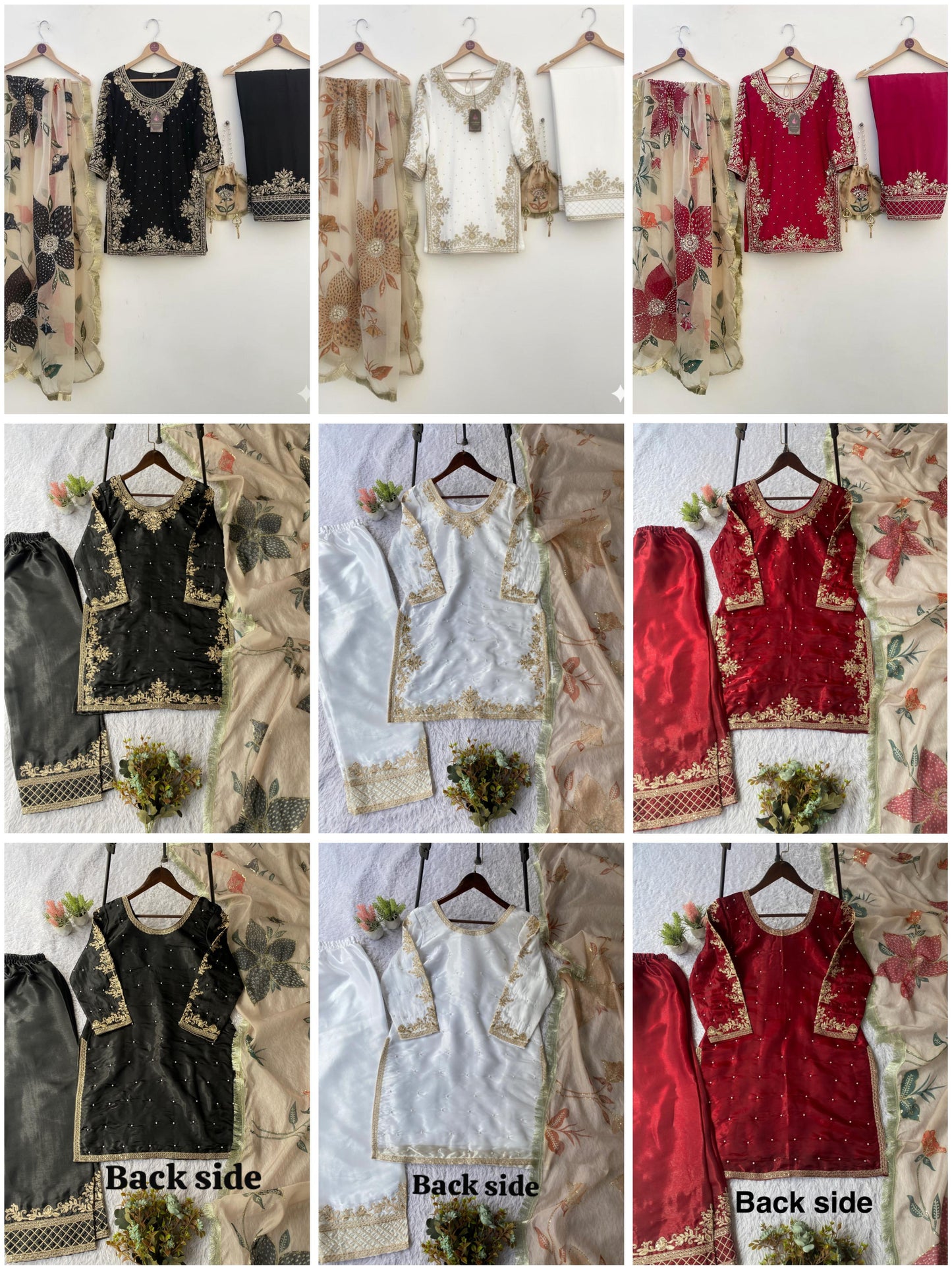 Designer Gmy Silk Embroidery Sequence Work Top, Palazzo & Dupatta Set