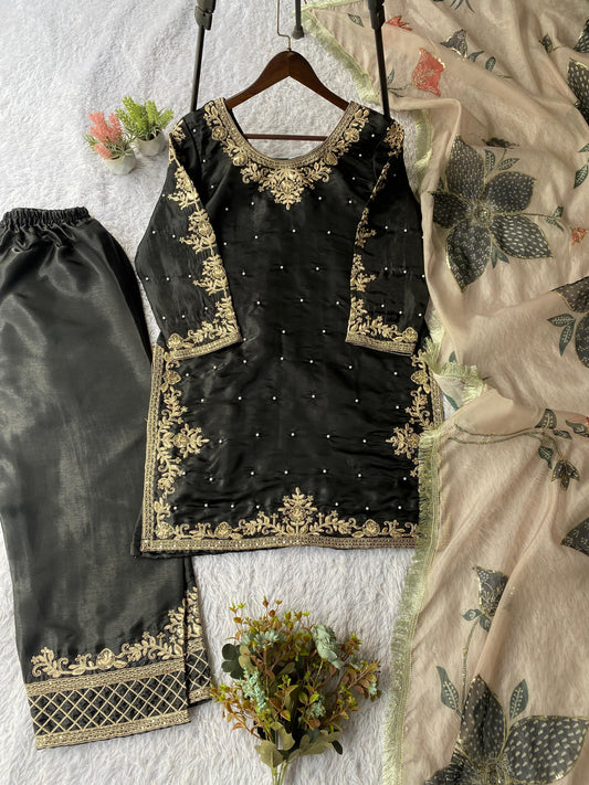 Designer Gmy Silk Embroidery Sequence Work Top, Palazzo & Dupatta Set