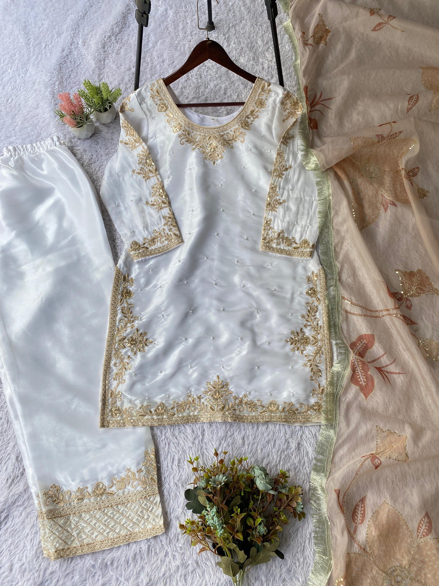 Designer Gmy Silk Embroidery Sequence Work Top, Palazzo & Dupatta Set