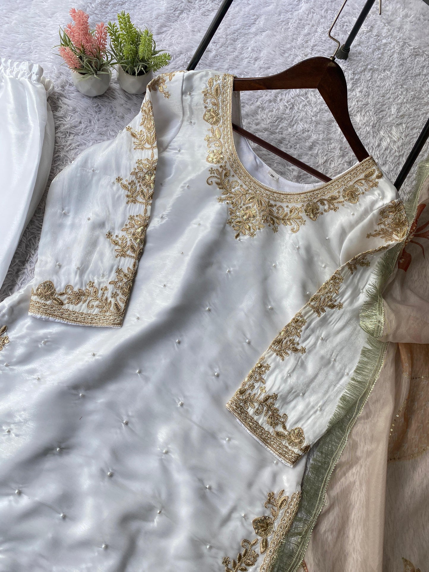 Designer Gmy Silk Embroidery Sequence Work Top, Palazzo & Dupatta Set