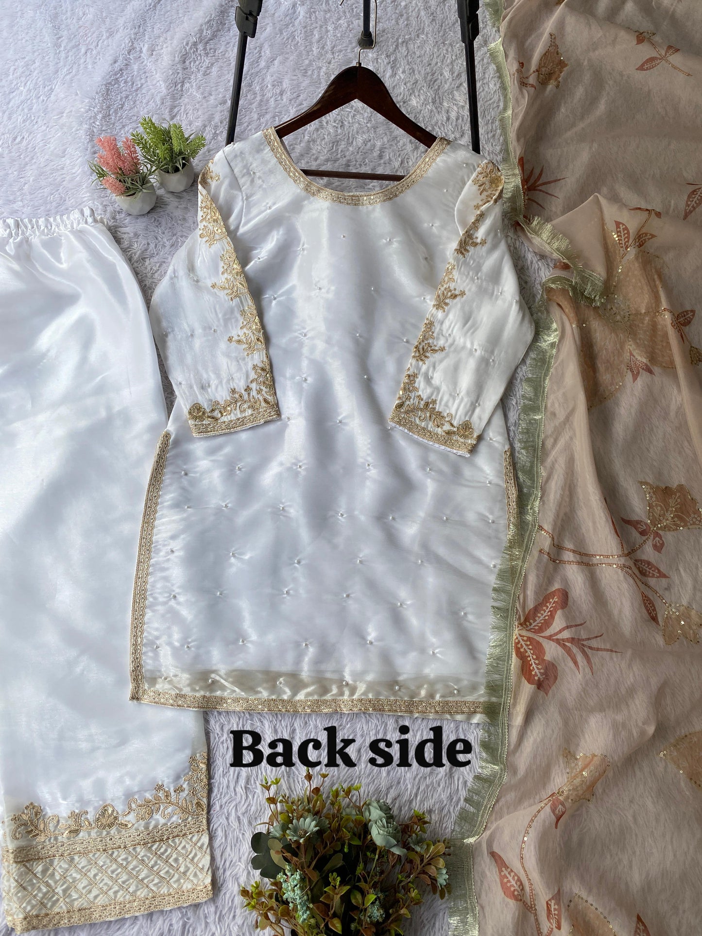 Designer Gmy Silk Embroidery Sequence Work Top, Palazzo & Dupatta Set