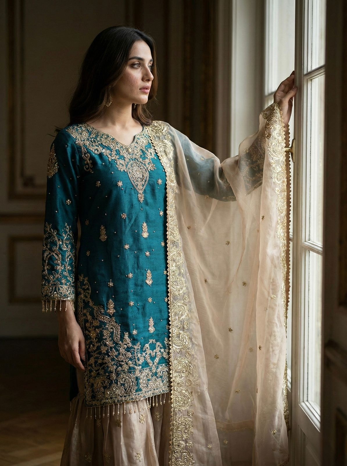 Designer Embroidered Heavy Gmy Silk Sharara Dupatta Set