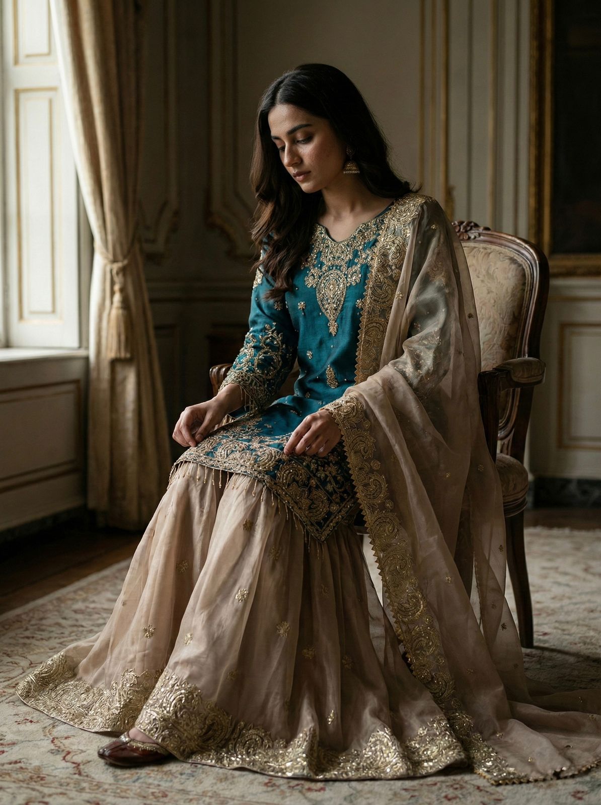 Designer Embroidered Heavy Gmy Silk Sharara Dupatta Set