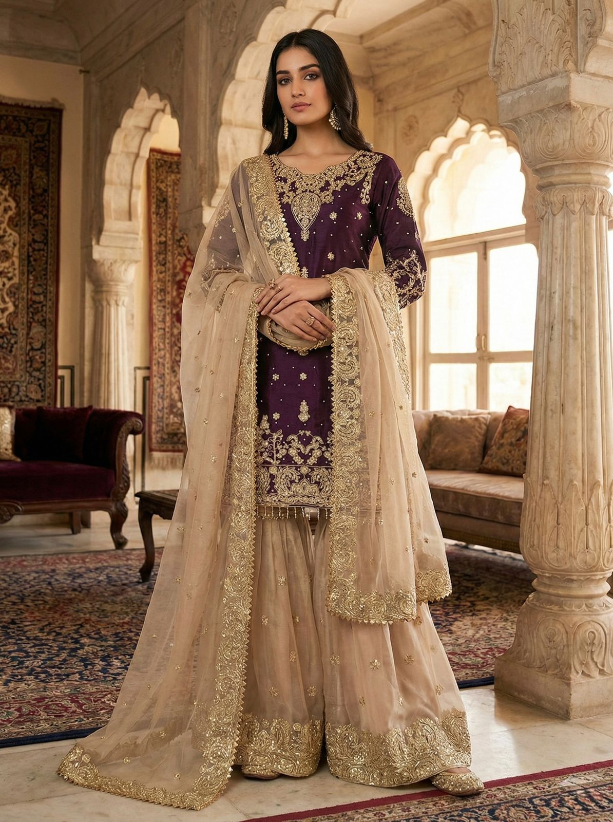 Designer Embroidered Heavy Gmy Silk Sharara Dupatta Set