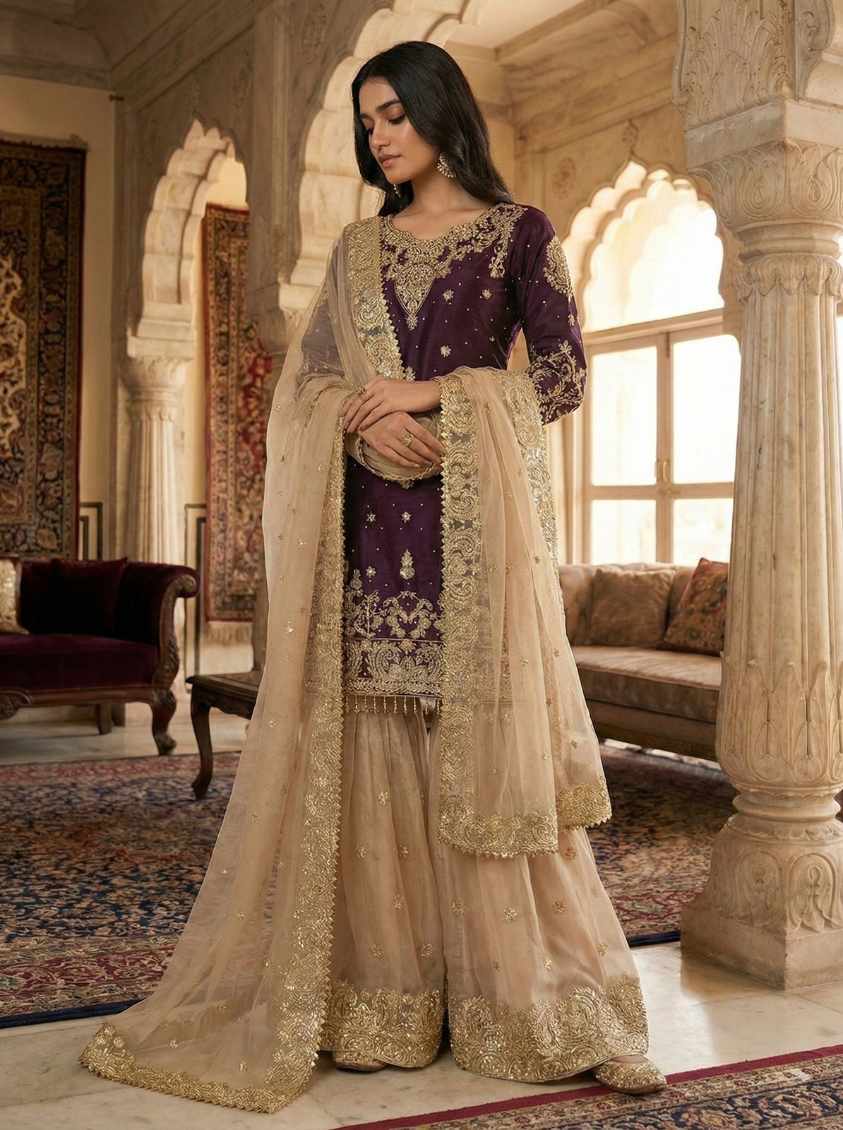 Designer Embroidered Heavy Gmy Silk Sharara Dupatta Set