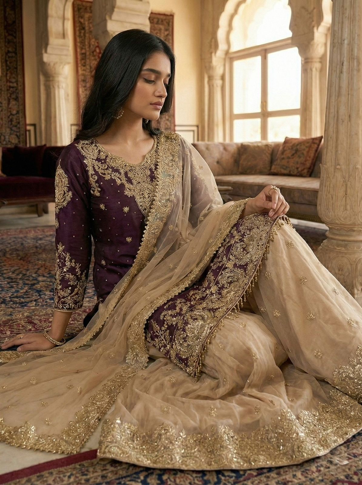 Designer Embroidered Heavy Gmy Silk Sharara Dupatta Set