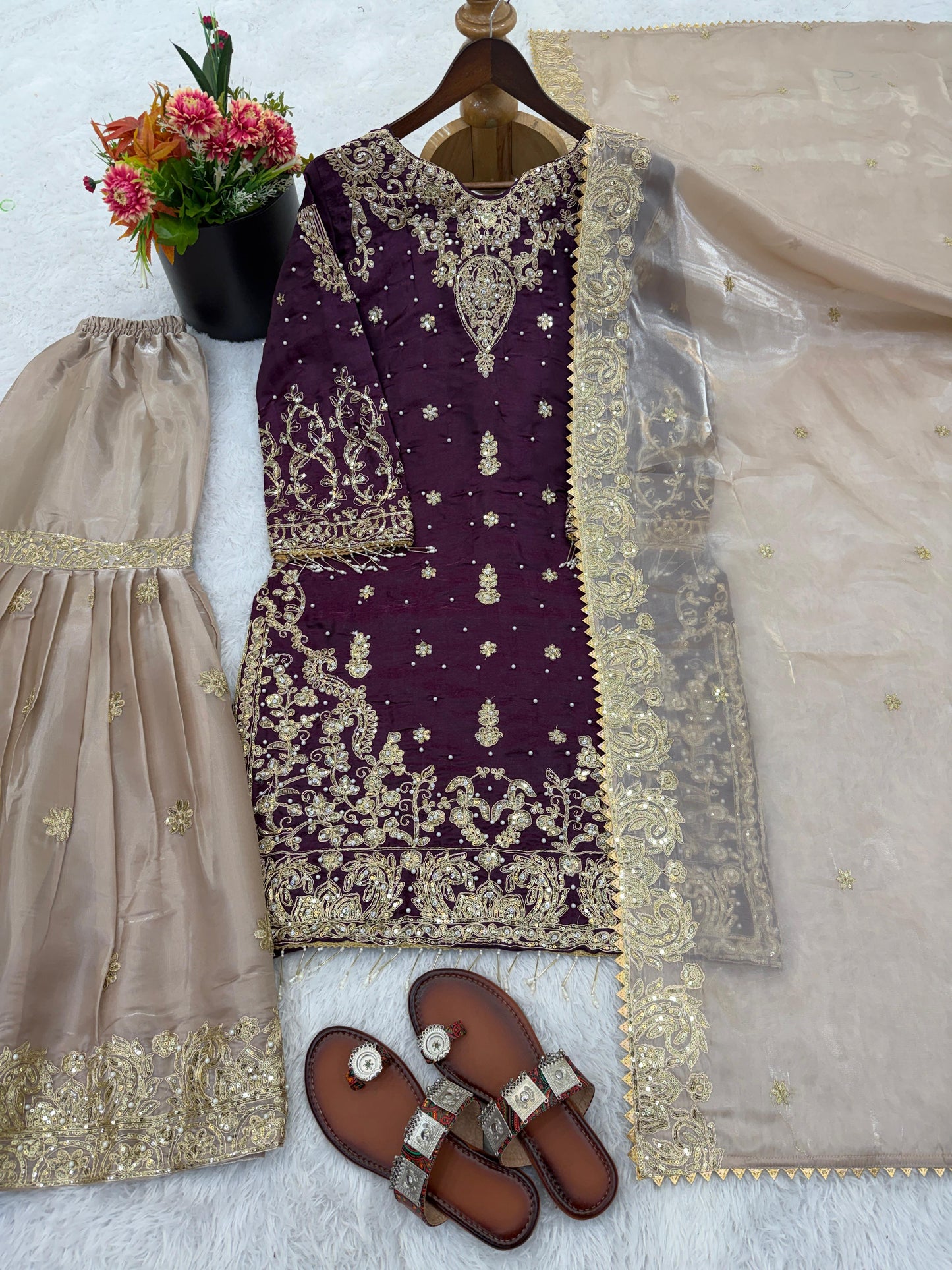 Designer Embroidered Heavy Gmy Silk Sharara Dupatta Set