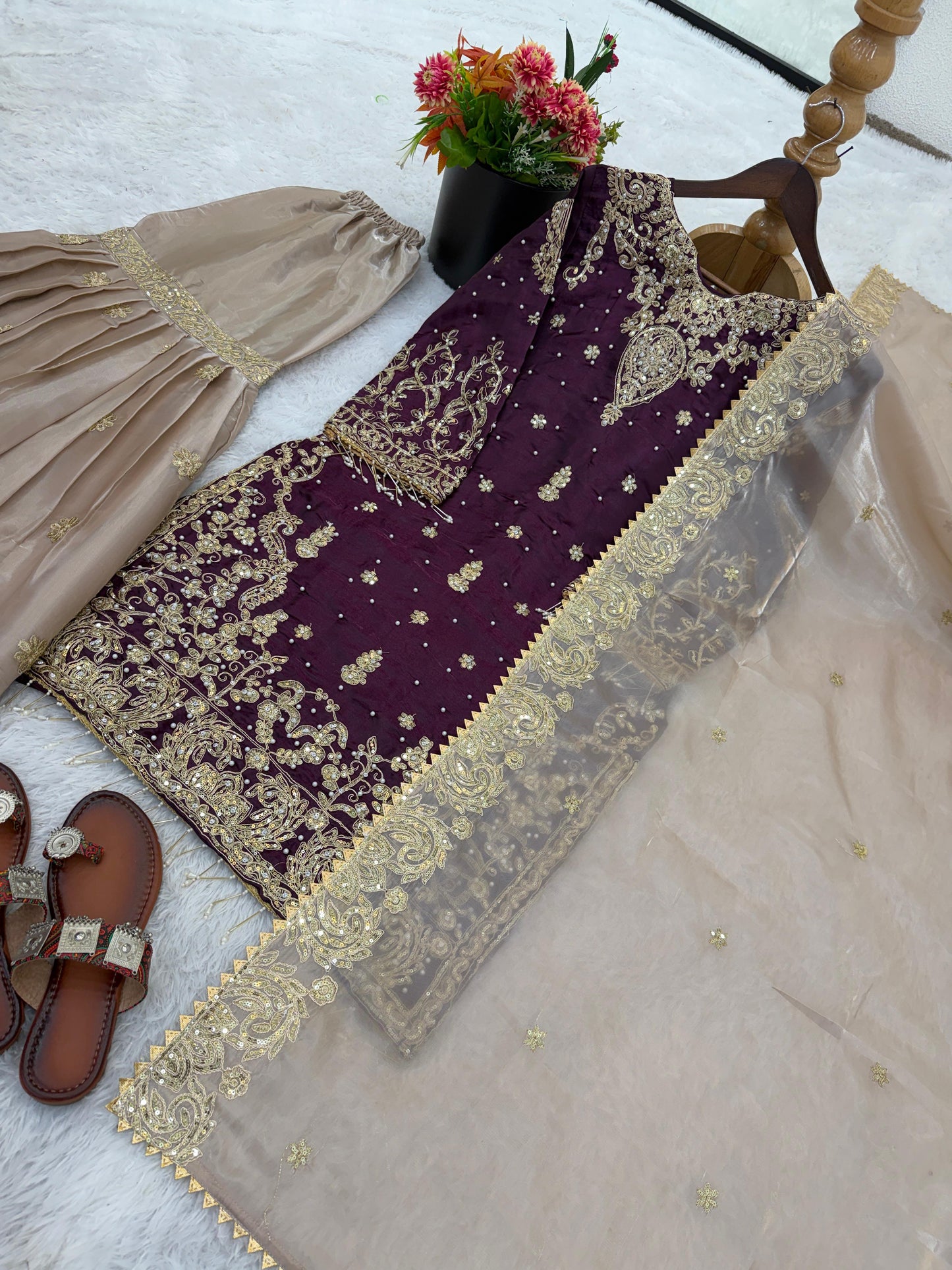 Designer Embroidered Heavy Gmy Silk Sharara Dupatta Set