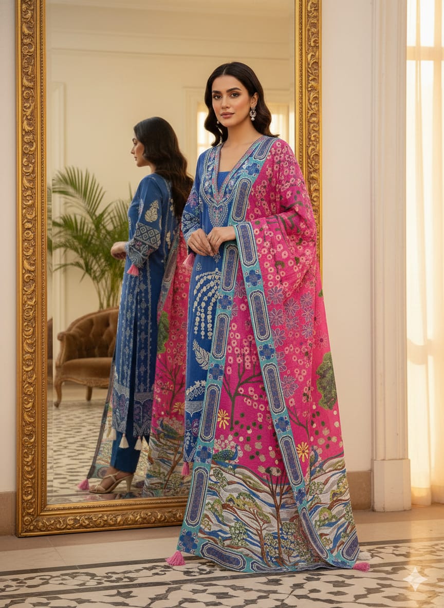 Heavy Muslin Silk Kurti Pant Dupatta Set with Hand Sequence Embroidery Work