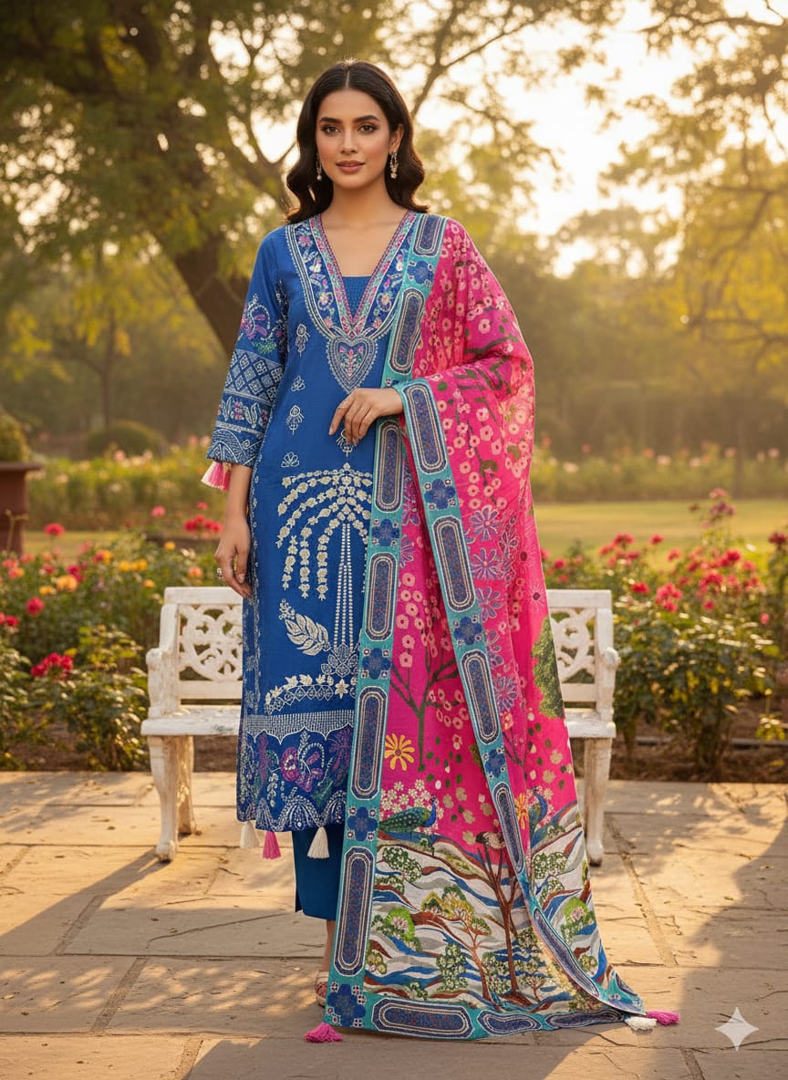 Heavy Muslin Silk Kurti Pant Dupatta Set with Hand Sequence Embroidery Work