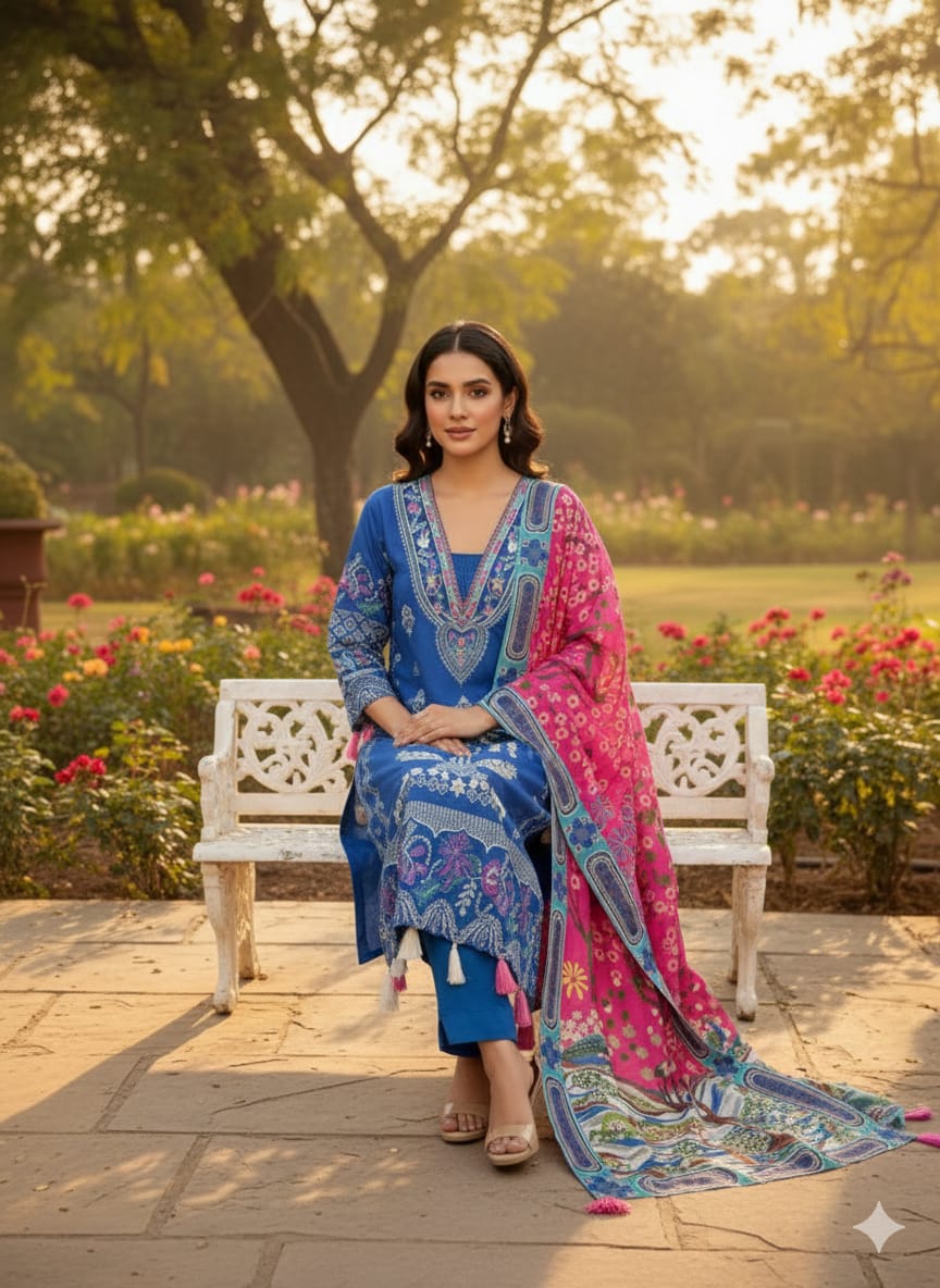 Heavy Muslin Silk Kurti Pant Dupatta Set with Hand Sequence Embroidery Work