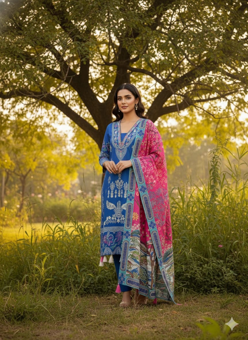 Heavy Muslin Silk Kurti Pant Dupatta Set with Hand Sequence Embroidery Work