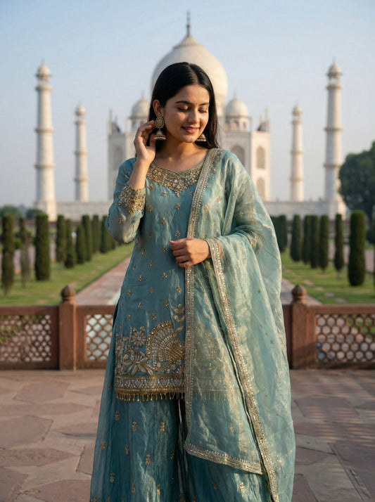 Pure Fendy Silk Sharara Suit with Heavy Embroidery