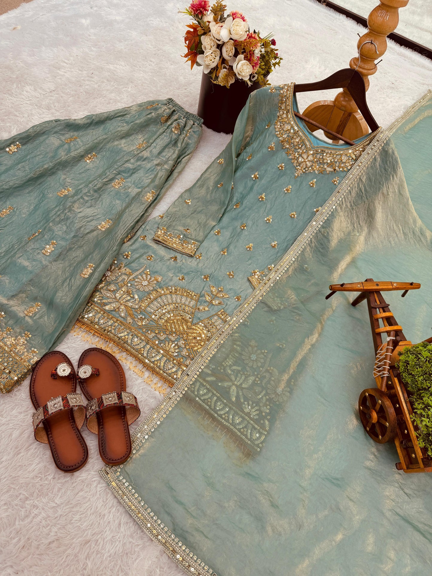 Pure Fendy Silk Sharara Suit with Heavy Embroidery