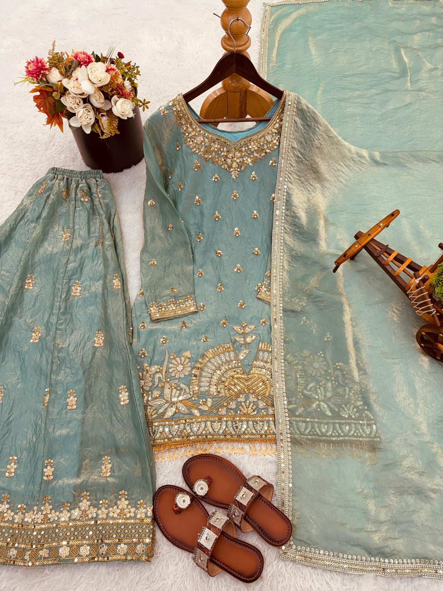 Pure Fendy Silk Sharara Suit with Heavy Embroidery
