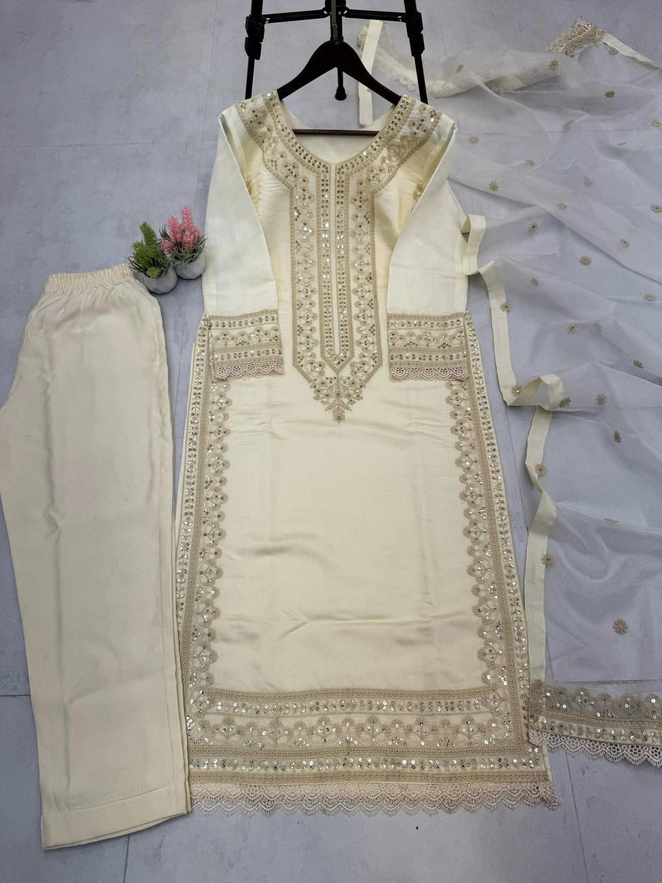 Designer Roman Silk Suit  Embroidered Kurta Pant with Georgette Dupatta