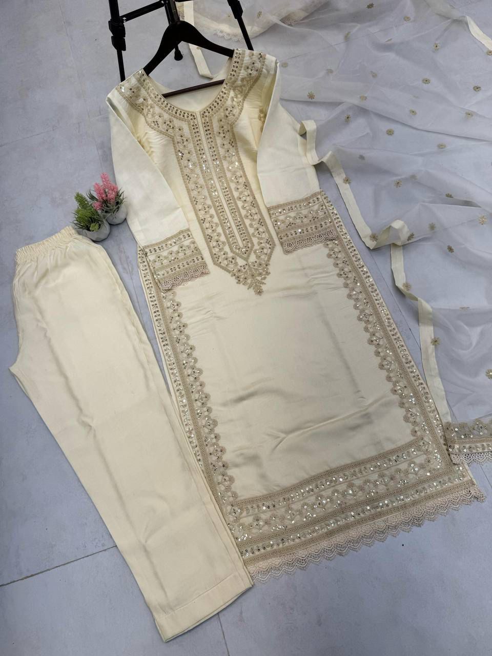 Designer Roman Silk Suit  Embroidered Kurta Pant with Georgette Dupatta