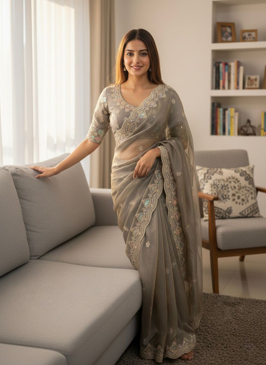 Soft Space Silk Saree with Dual Sequin & Embroidery