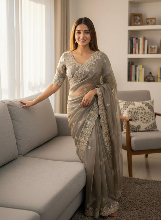 Soft Space Silk Saree with Dual Sequin & Embroidery